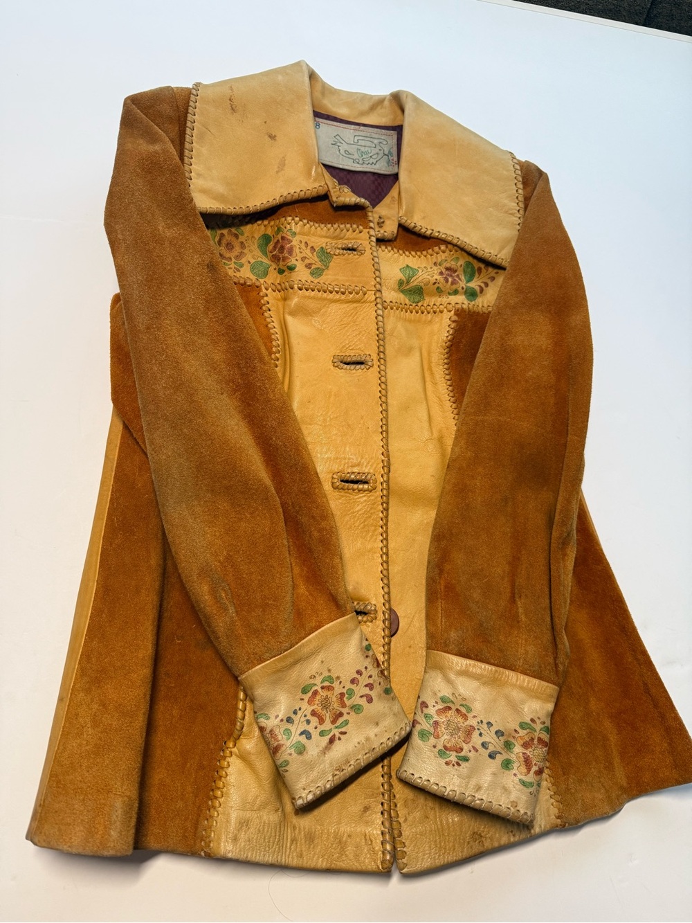 Char Leather & Suede Hand Painted Floral Boho vintage Jacket 8 - Picture 4 of 16